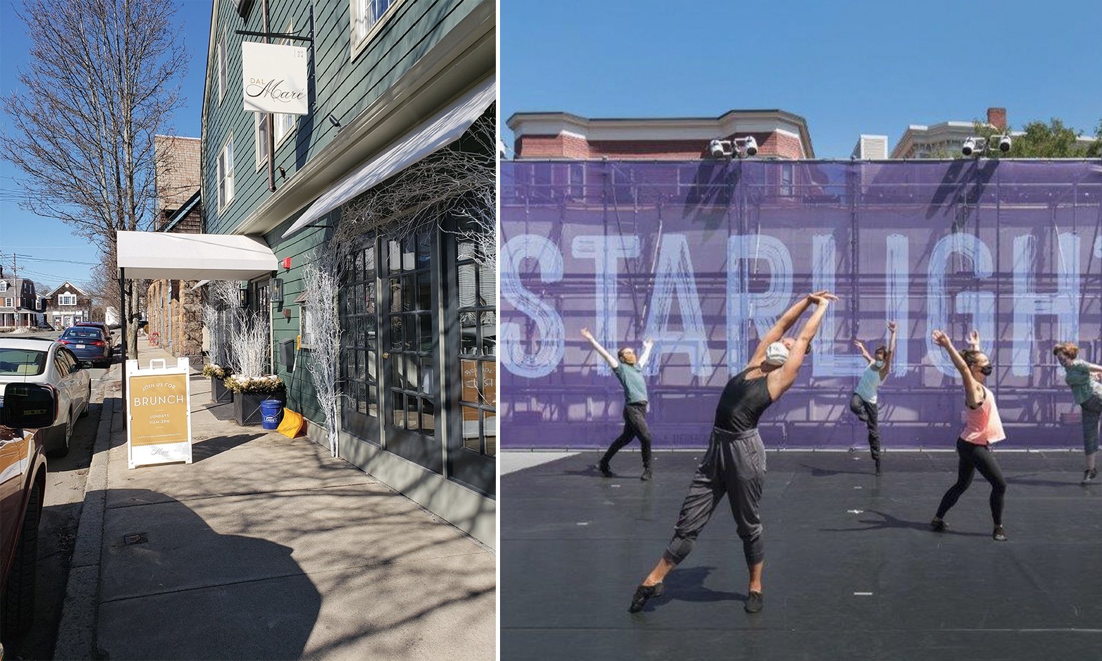 Massachusetts storefronts and an outdoor yoga class