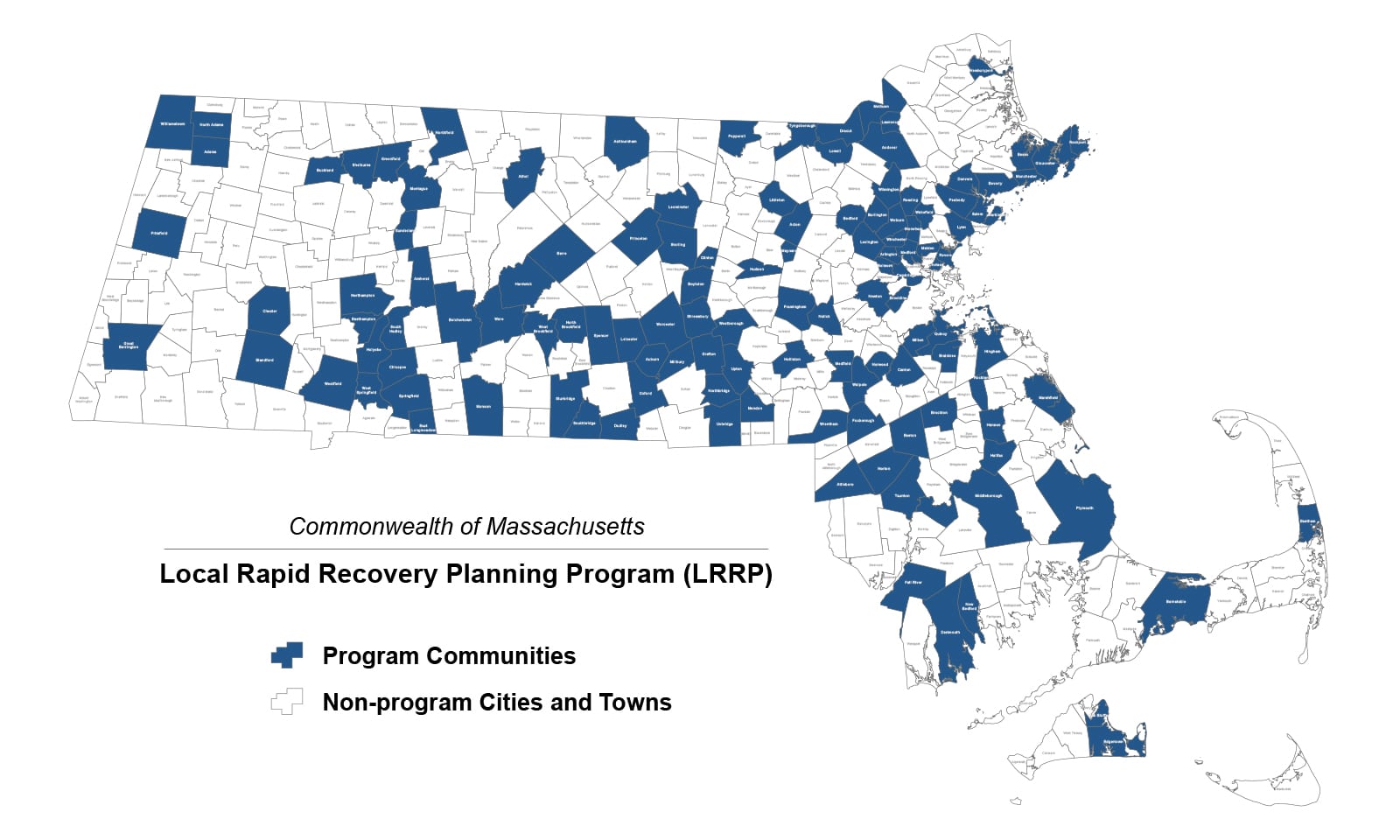 Map of Massachusetts Downtown Initiative program communities
