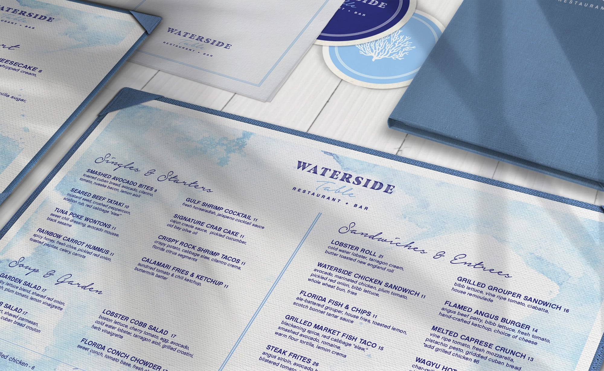 bold, blue menu and restaurant collateral