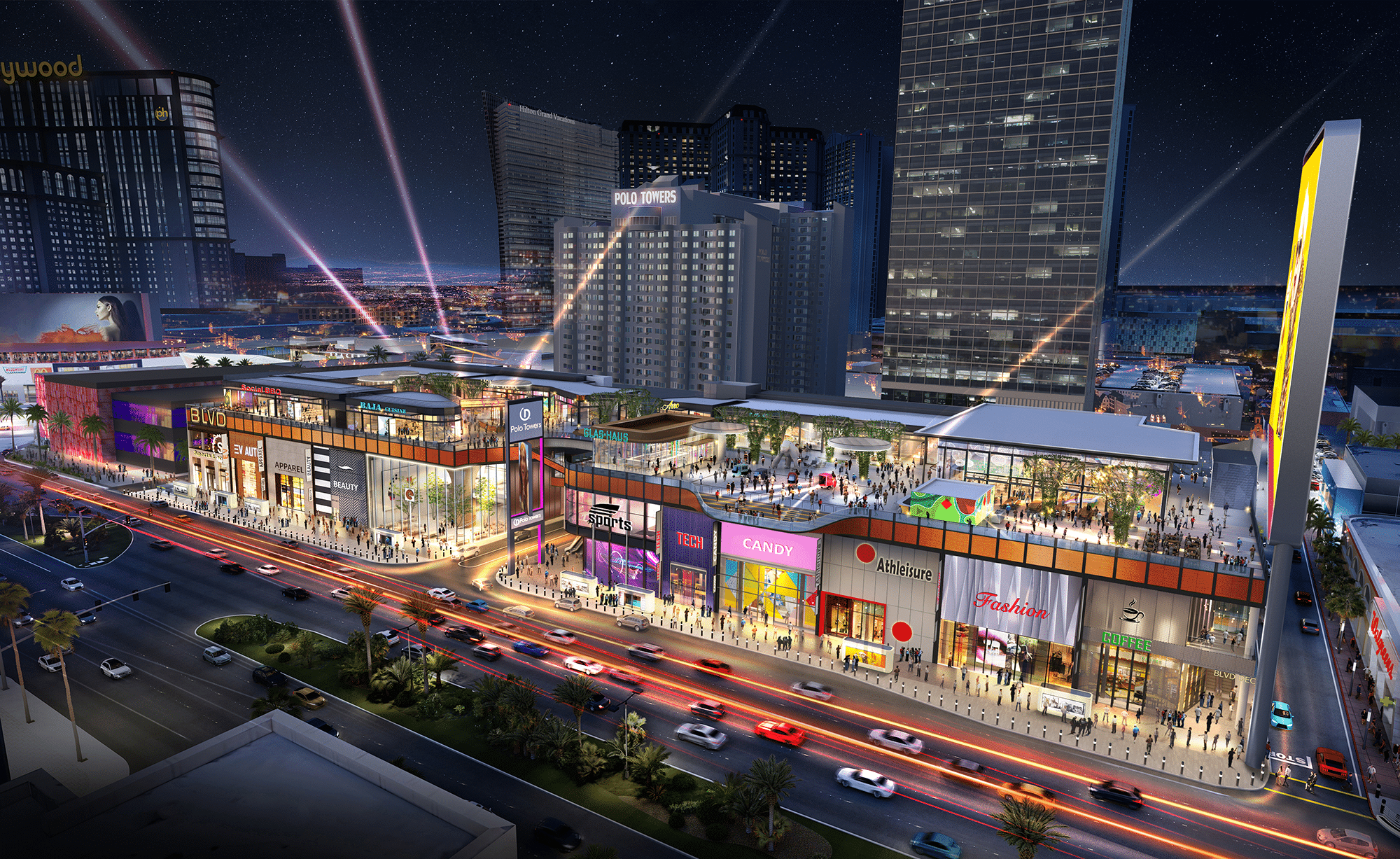 rendering of mixed use destination with lots of lights