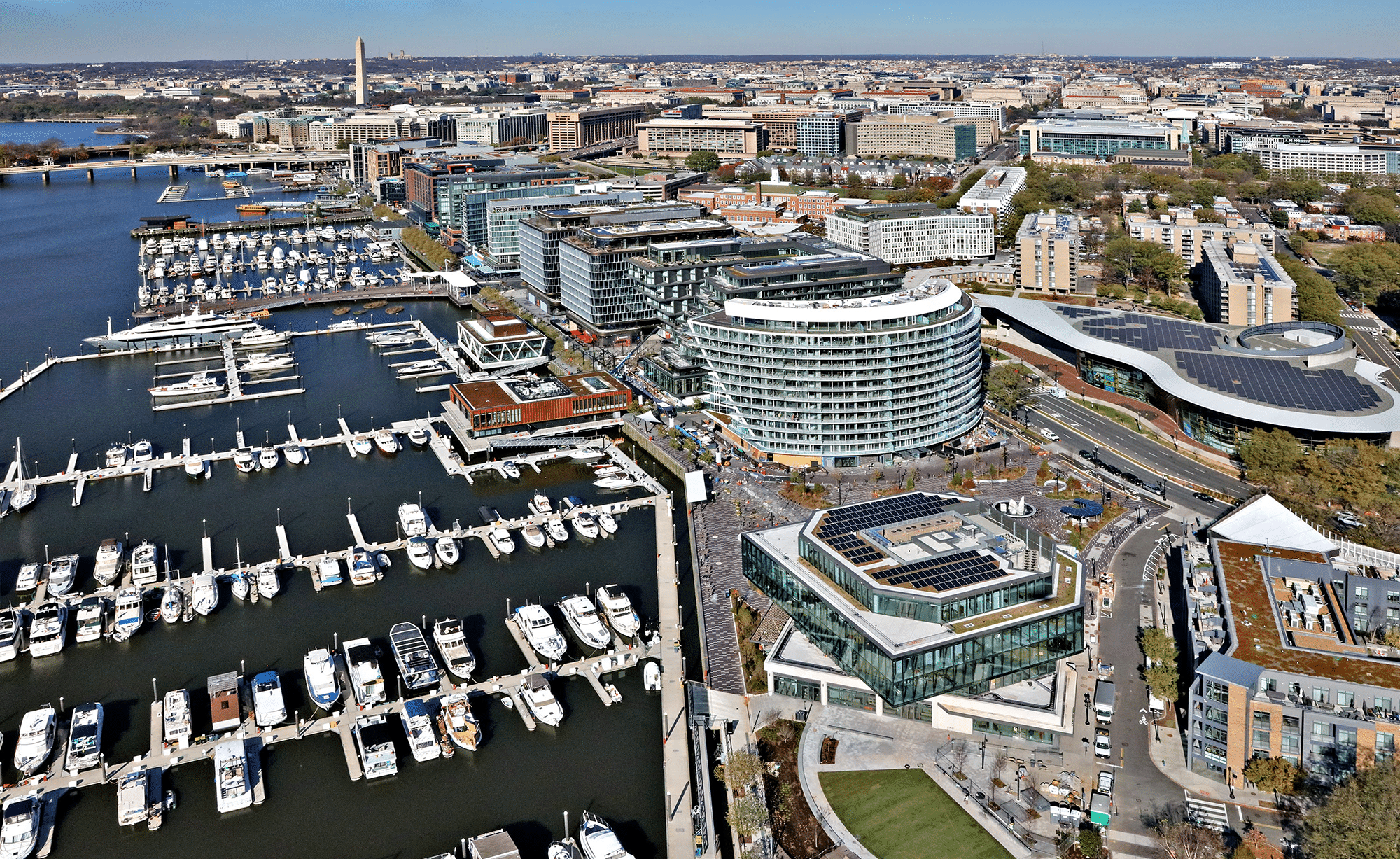 aerial shot of buildings and boats