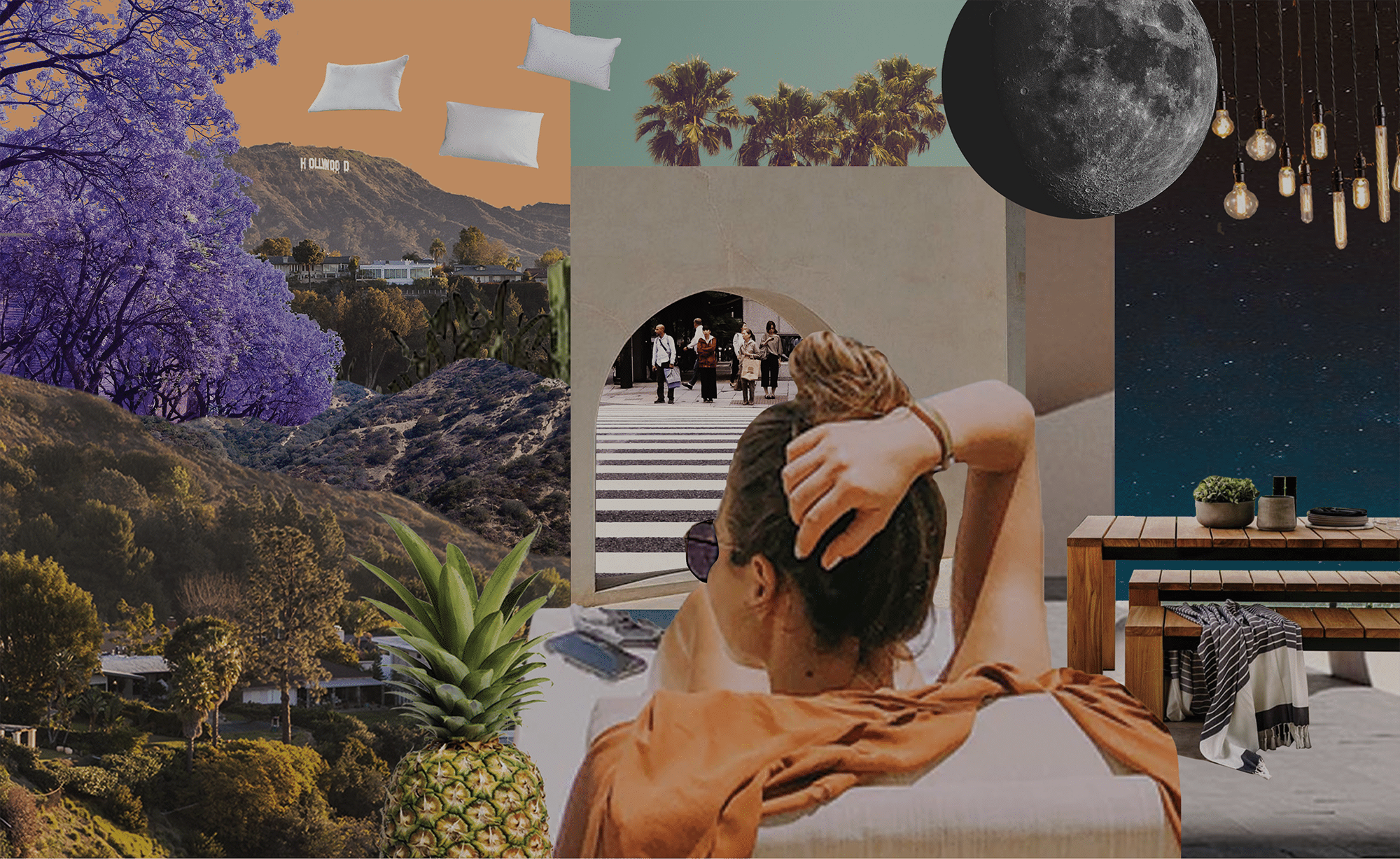 woman lounging on sofa in a surrealist collage setting